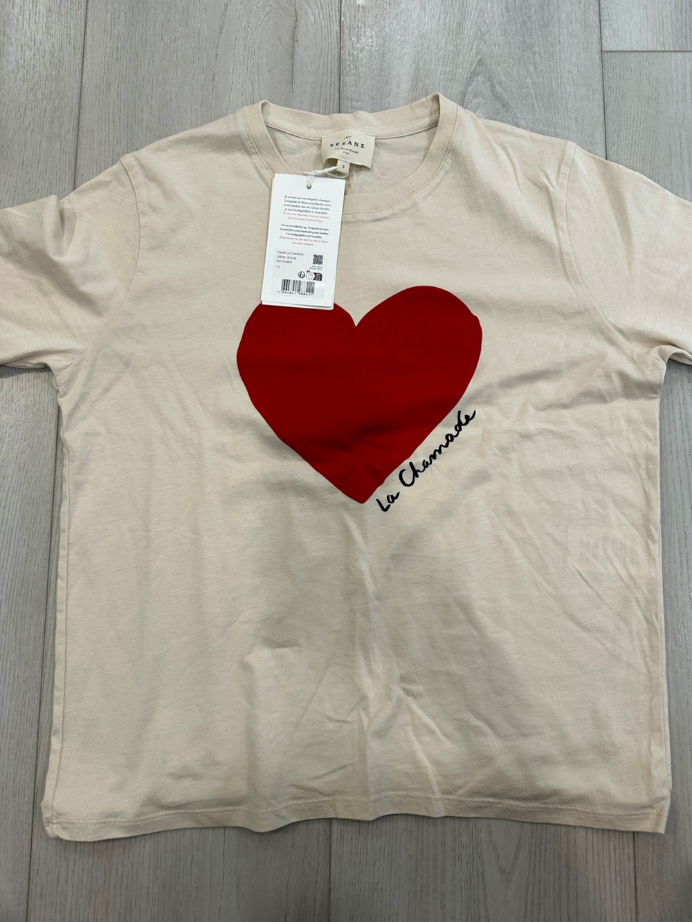 Sezane Cream Short Sleeve Tee with Red Heart
